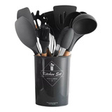Kit 12 Utensílios Cozinha Colheres De Silicone Cabo Madeira