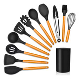Kit 12 Utensilios Cozinha Colheres De Silicones Cabo Madeira