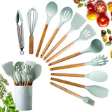 Kit 12 Utensilios Cozinha Colheres De Silicones Cabo Madeira