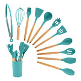 Kit 12 Utensílios Cozinha Silicone Cabo De Madeira Pegador Cor Verde