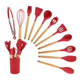 Kit 12 Utensílios Cozinha Silicone Cabo De Madeira Pegador Cor Vermelho