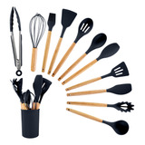 Kit 12 Utensílios Cozinha Silicone Cabo De Madeira Pegador