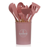 Kit 12 Utensílios Cozinha Silicone Cabo Madeira Cor Rosa