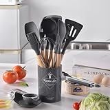 Kit 12 Utensílios De Cozinha Em Silicone Antiaderentes Com Cabo De Madeira Com Suporte Colher Espátula Pegador Concha Fouet Pincel Escumadeira Copo Anti Risco Super Premium Preto 
