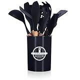Kit 12 Utensílios De Cozinha Em Silicone Cabo Madeira Conjunto Jogo Completo Espátula Concha Colher Resistente Alta Temperatura Premium PRETO 