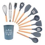 Kit 12 Utensílios De Cozinha Em Silicone E Cabo De Madeira Cinza Mixtou 093 0021