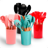 Kit 12 Utensílios De Cozinha Em Silicone E Cabo De Madeira