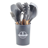 Kit 12 Utensílios De Cozinha Em Silicone E Cabo De Madeira