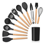 Kit 12 Utensílios De Cozinha Em Silicone E Cabo De Madeira