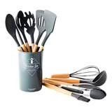 Kit 12 Utensílios De Cozinha Em Silicone E Cabo De Madeira