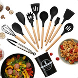 Kit 12 Utensílios De Cozinha Em Silicone E Cabo De Madeira