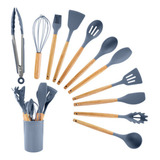 Kit 12 Utensílios De Cozinha Em Silicone E Cabo De Madeira