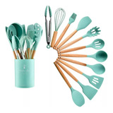 Kit 12 Utensílios De Cozinha Silicone Cabo De Madeira Talher