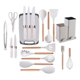 Kit 19 Peças Utensílios Cozinha Silicone Tábua Conchas Facas