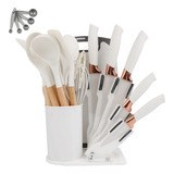 Kit 19 Utensílios De Cozinha Com Cabo De Madeira E Silicone