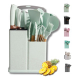Kit 19 Utensílios De Cozinha Em Silicone E Cabo De Madeira