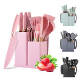 Kit 19 Utensílios Silicone De Cozinha Facas Tabua De Cortar