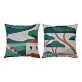 Kit 2 Almofadas Linho Bege Casas Vila Campo E Árvores 43x43