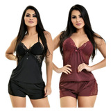 Kit 2 Baby Dolls Microfibra Renda Sensual Short Qualidade
