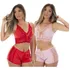 Kit 2 Baby Dolls Top Doll Pijama Renda Sexy Vermelho Rosê