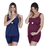 Kit 2 Baby Dool De Amamentação Short E Camiseta Gestante Maternidade Amamentar