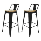 Kit 2 Banquetas Tolix Iron Industrial Preta Assento Madeira