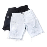 Kit 2 Bermudas Jeans Masculina Rasgada Branca E Preta