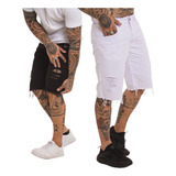 Kit 2 Bermudas Jeans Masculina Rasgada Branca E Preta