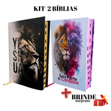 Kit 2 Bíblias Sagrada Feminina Masculina Evangélica Letra Média Harpa Cristã Capa Dura Leão Índice Palavras De Jesus Vermelho Flores Rosa João Ferreira Almeida Revista Corrigida Branca Jovem Promessas