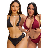 Kit 2 Biquinis Cintura Alta Hotpant Cortininha C Trança Bojo