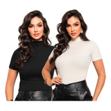Kit 2 Blusa Gola Alta T-shirt Canelada Grudada Blogueirinha