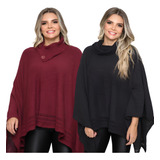 Kit 2 Blusa Ponchos Tricô Feminino Gola Alta Kimono Tricot