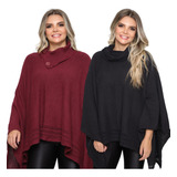 Kit 2 Blusa Ponchos Tricô Feminino Gola Alta Kimono Tricot