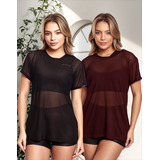Kit 2 Blusas Manga Curta Tule Transparente Treino Academia