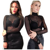 Kit 2 Body Blusa Segunda Pele Manga Longa Transparente Lurex