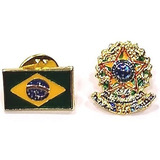 Kit 2 Bótons Pins C/ A Bandeira Do Brasil + Brasão Da República Folheados Ouro