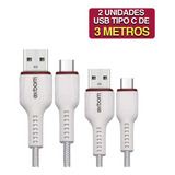 Kit 2 Cabos Carregador Rápido Usb Tipo C 3 Metros Reforçado Cor Branco