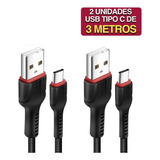 Kit 2 Cabos Carregador Rápido Usb Tipo C 3 Metros Reforçado Cor Preto
