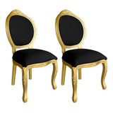 Kit 2 Cadeiras Antiga De Madeira Entalhada Classica Luiz Xv Cor Da Estrutura Dourado preto
