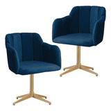 Kit 2 Cadeiras Para Mesa De Jantar Ágata Giratória Dourada Estrutura Da Cadeira Dourado Assento Azul marinho