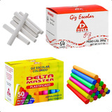 Kit 2 Caixas Giz De Lousa 64un Branco E 50u Colorido Escolar Cor Branco E Colorido