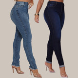 Kit 2 Calças Feminina Jeans Lycra Cós Alto Levanta Bumbum