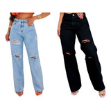 Kit 2 Calças Feminina Jeans Wideleg Pantalona Cintura Alta