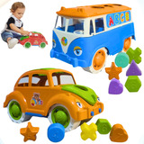 Kit 2 Carrinho Educativo Brinquedo Encaixe Bebê Fusca Kombi