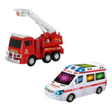 Kit 2 Carrinhos Ambulância Bombeiro Bate E Volta Luz E Som