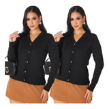 Kit 2 Casacos Tricô Frio Cardigan Aberto Botões Lã Tendência