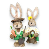 Kit 2 Coelhos De Páscoa Palha Italiana Casal Enfeite 33 Cm