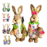 Kit 2 Coelhos De Páscoa Palha Italiana Casal Enfeite Luxo