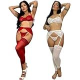 Kit 2 Conjunto Lingerie Sexy Cinta Liga Completo Em Renda Com Meia Calça De Perna Fantasia Com Perneira -Branco E Vermelho- G-