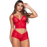 Kit 2 Conjunto Renda Calcinha Sutiã Top Cropped Caleçon 087